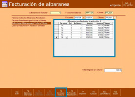 Aparecerá una tabla con los albaranes en ese rango de fechas y para el cliente seleccionado. Marca los albaranes deseados pulsando la tecla F5 conmuta facturar.