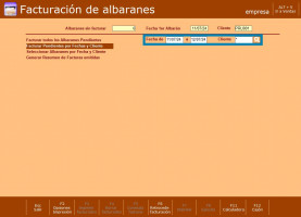 Introduce el intervalo de fechas. Por defecto, el programa muestra la fecha del primer albarán en la primera casilla, la fecha actual en la segunda y selecciona el cliente.